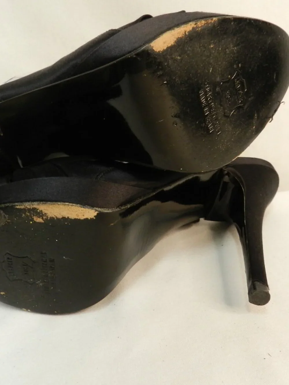 Stuart Weitzman Satin Leather Crystal Buckle black slingback peep toe heels 9.5